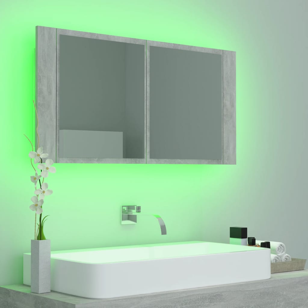 betonszürke akril LED-es tükrös fürdőszobaszekrény 90x12x45 cm