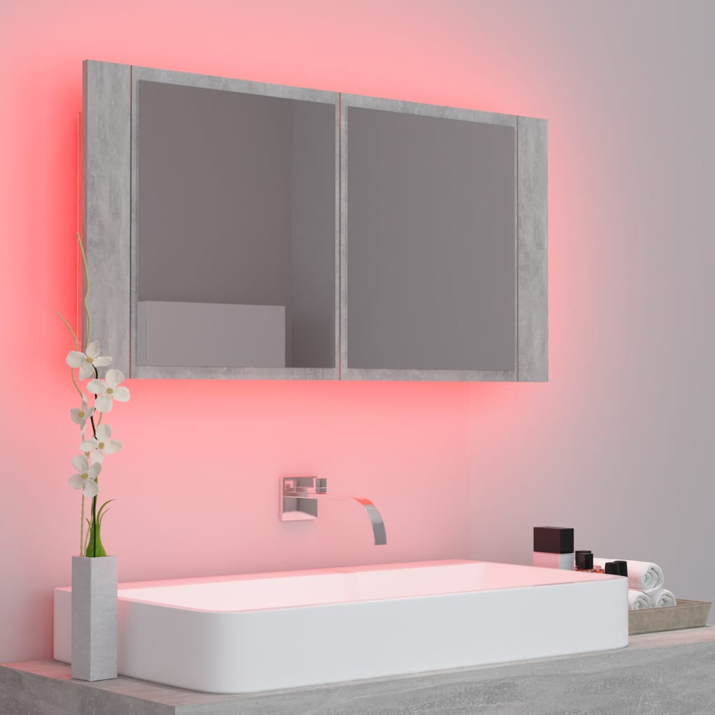 betonszürke akril LED-es tükrös fürdőszobaszekrény 90x12x45 cm