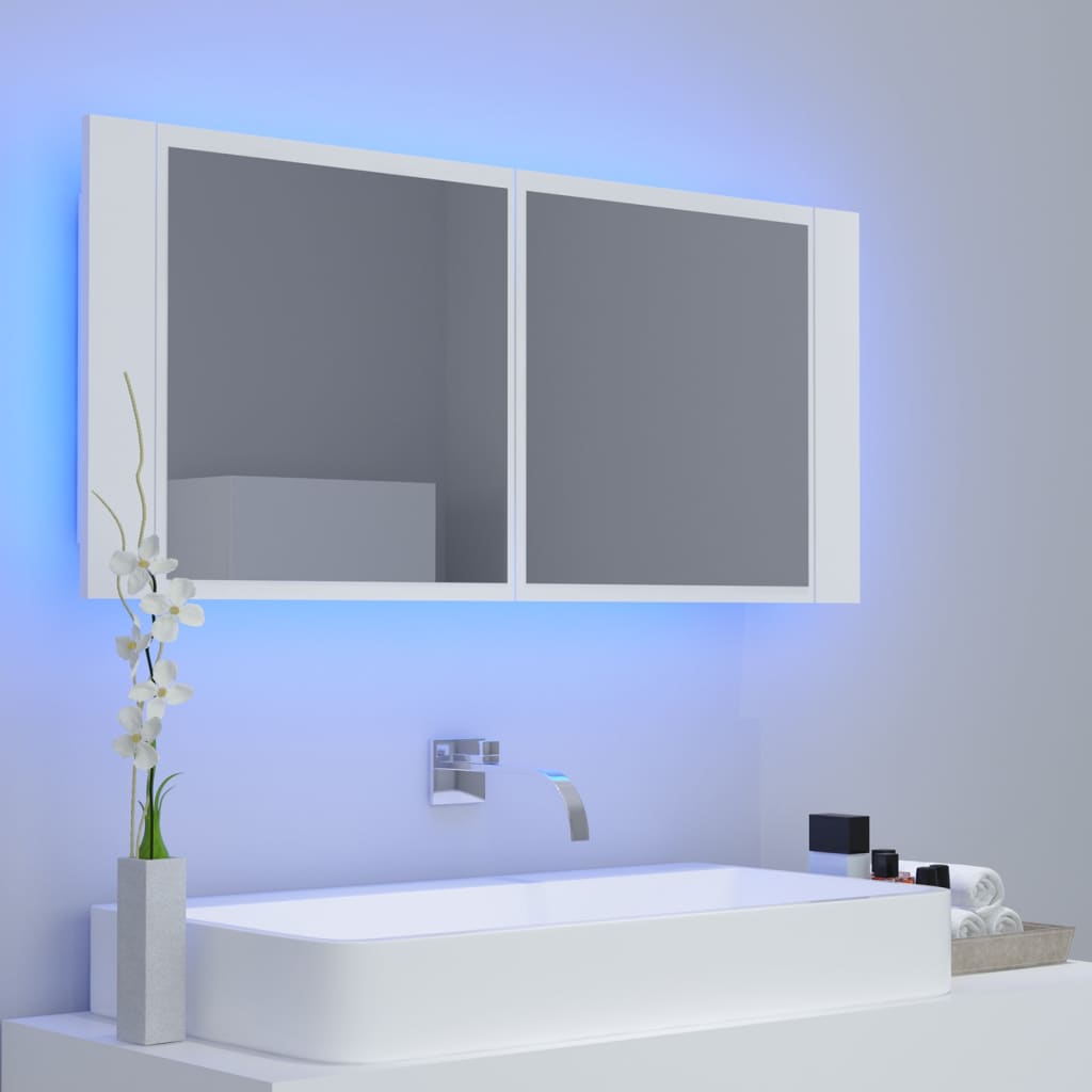 fehér akril LED-es fürdőszobaszekrény tükörrel 100 x 12 x 45 cm