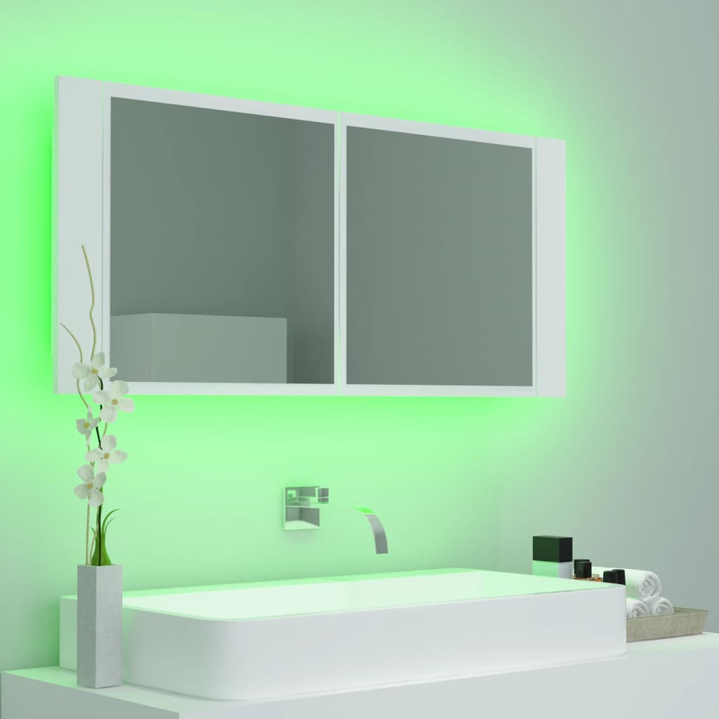 fehér akril LED-es fürdőszobaszekrény tükörrel 100 x 12 x 45 cm