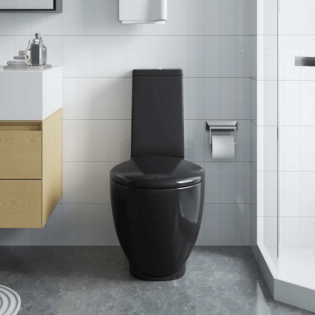 fürdőszobai kerek fekete kerámia WC alsó vízelvezetéssel
