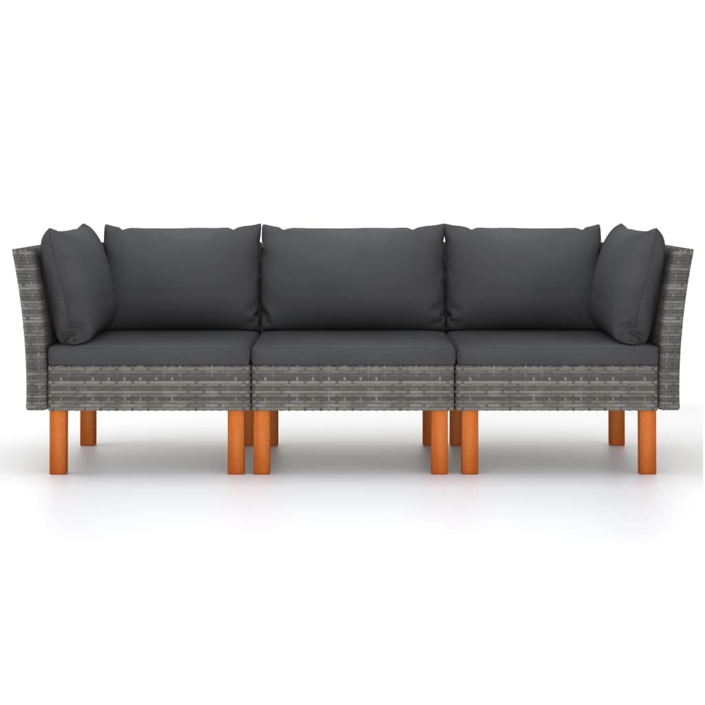 3 személyes szürke polyrattan kerti kanapé párnákkal