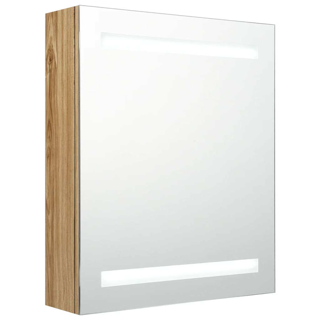 tölgyszínű LED-es tükrös fürdőszobaszekrény 50 x 14 x 60 cm