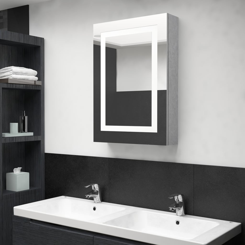 betonszürke LED-es tükrös fürdőszobaszekrény 50 x 13 x 70 cm