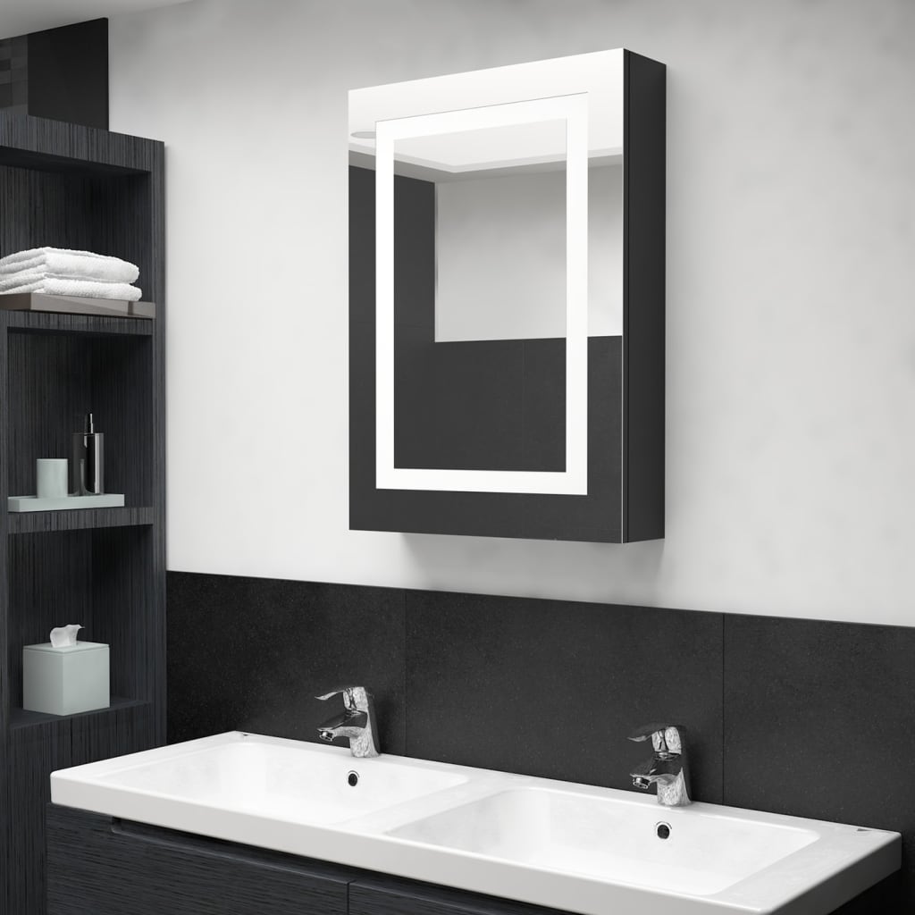 fényes fekete LED-es tükrös fürdőszobaszekrény 50 x 13 x 70 cm