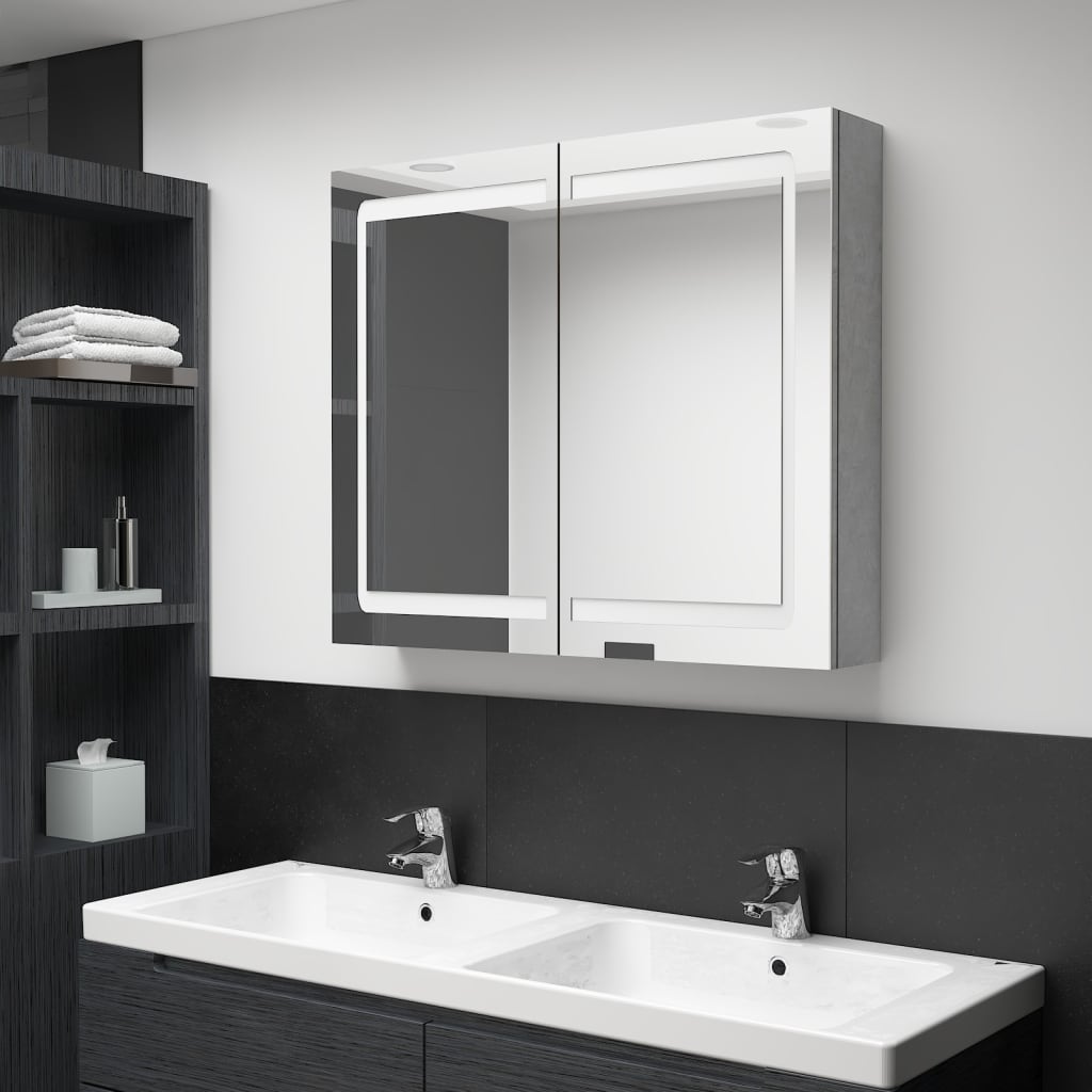 betonszürke LED-es tükrös fürdőszobaszekrény 80 x 12 x 68 cm