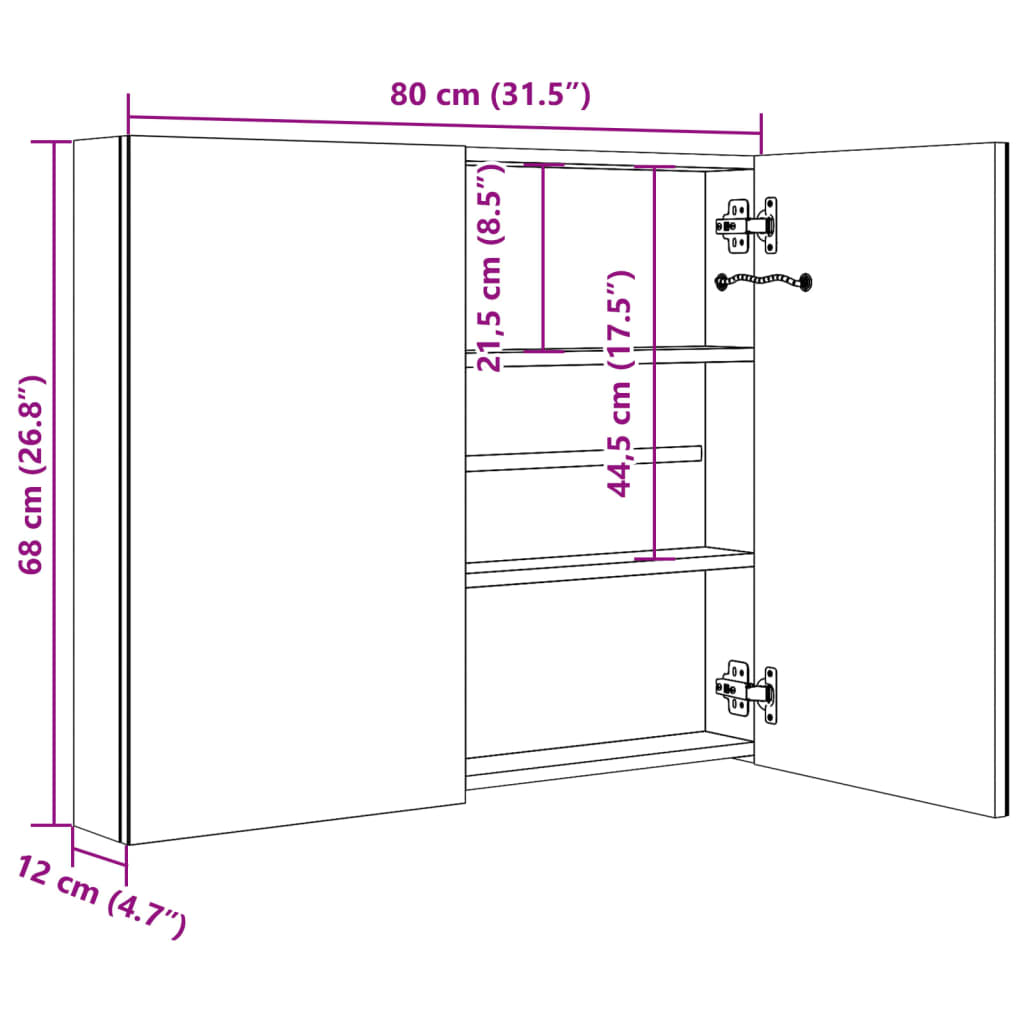 fényes fehér LED-es tükrös fürdőszobaszekrény 80 x 12 x 68 cm
