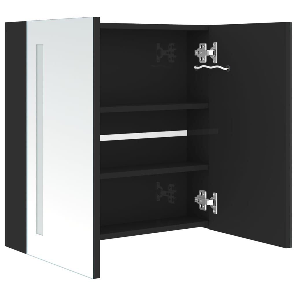 fényes fekete LED-es tükrös fürdőszobaszekrény 62 x 14 x 60 cm