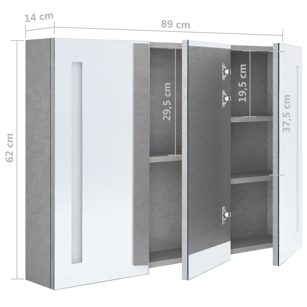 betonszürke LED-es tükrös fürdőszobaszekrény 89 x 14 x 62 cm
