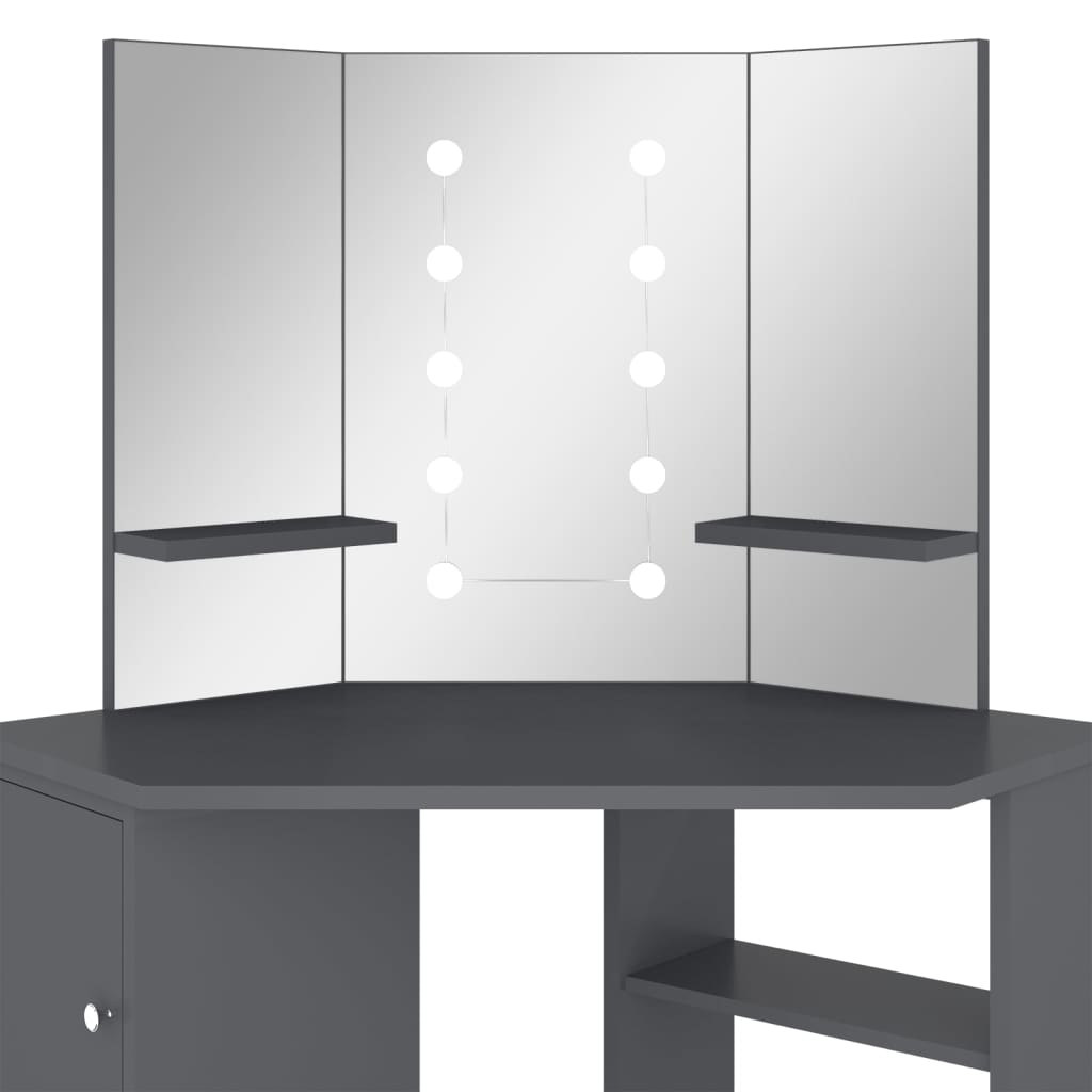 szürke sarok fésülködőasztal LED világítással 111x54x141,5 cm