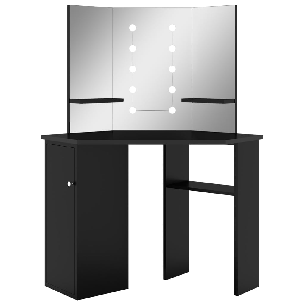 fekete sarok fésülködőasztal LED világítással 111x54x141,5 cm