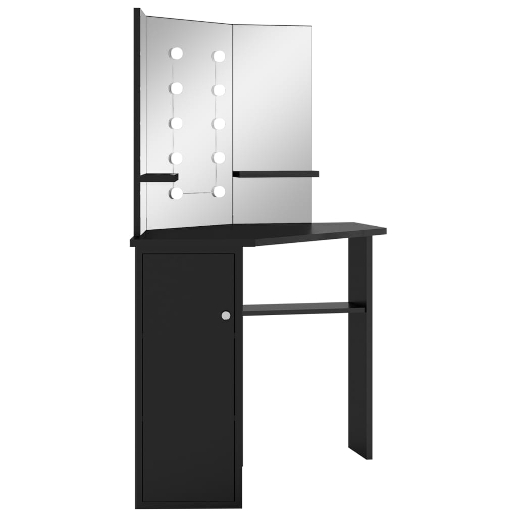 fekete sarok fésülködőasztal LED világítással 111x54x141,5 cm