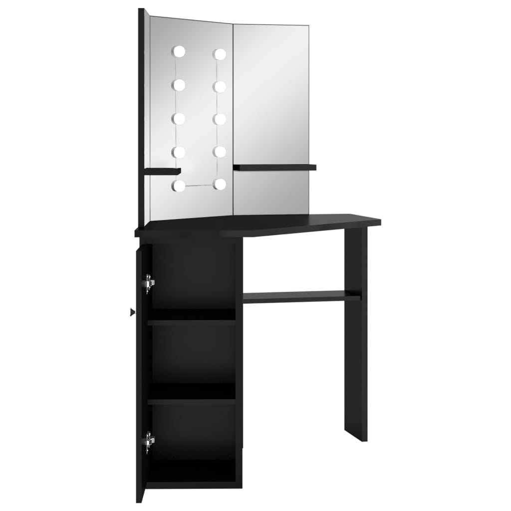 fekete sarok fésülködőasztal LED világítással 111x54x141,5 cm