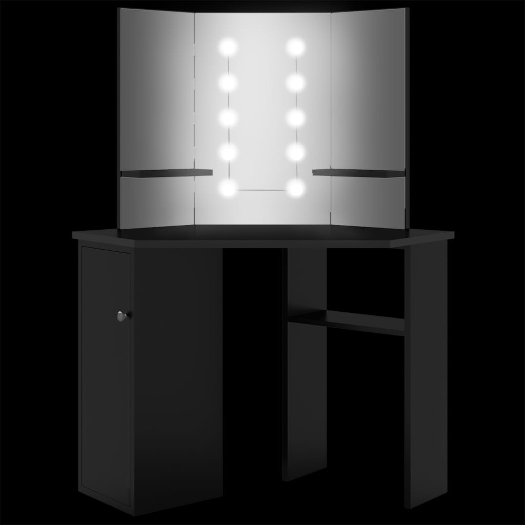 fekete sarok fésülködőasztal LED világítással 111x54x141,5 cm