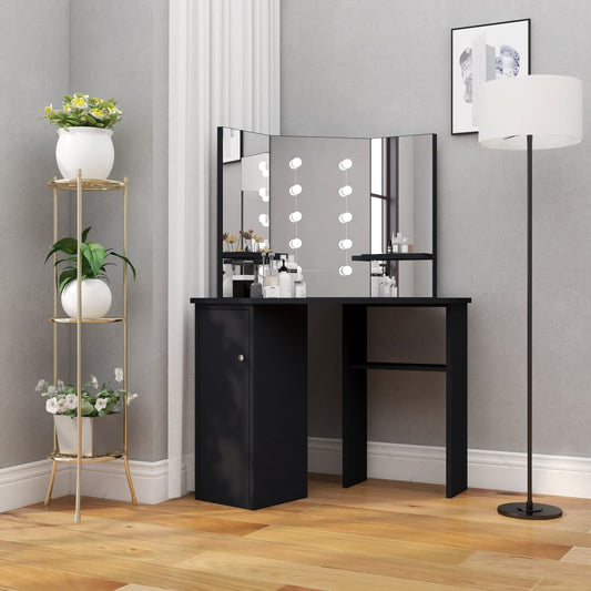 fekete sarok fésülködőasztal LED világítással 111x54x141,5 cm