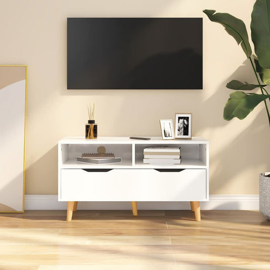 magasfényű fehér szerelt fa TV-szekrény 90 x 40 x 48,5 cm