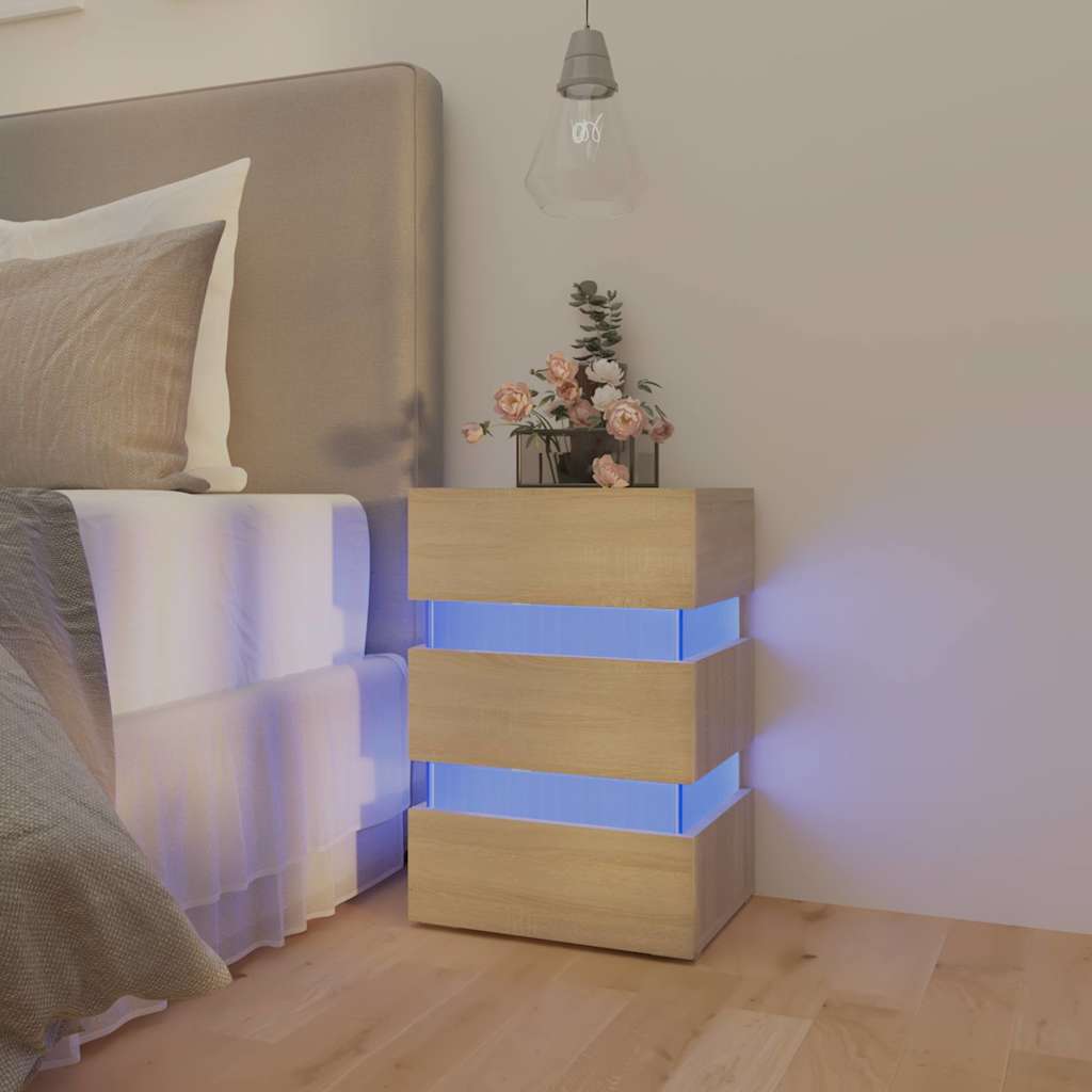 sonoma tölgy színű szerelt fa LED-es éjjeliszekrény 45x35x67 cm