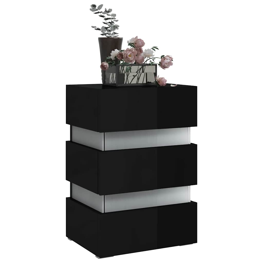 magasfényű fekete szerelt fa LED-es éjjeliszekrény 45x35x67 cm