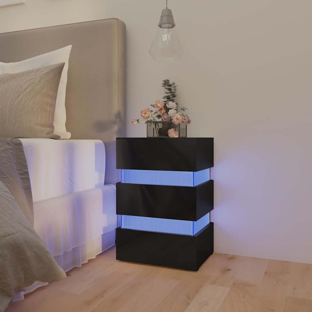 magasfényű fekete szerelt fa LED-es éjjeliszekrény 45x35x67 cm