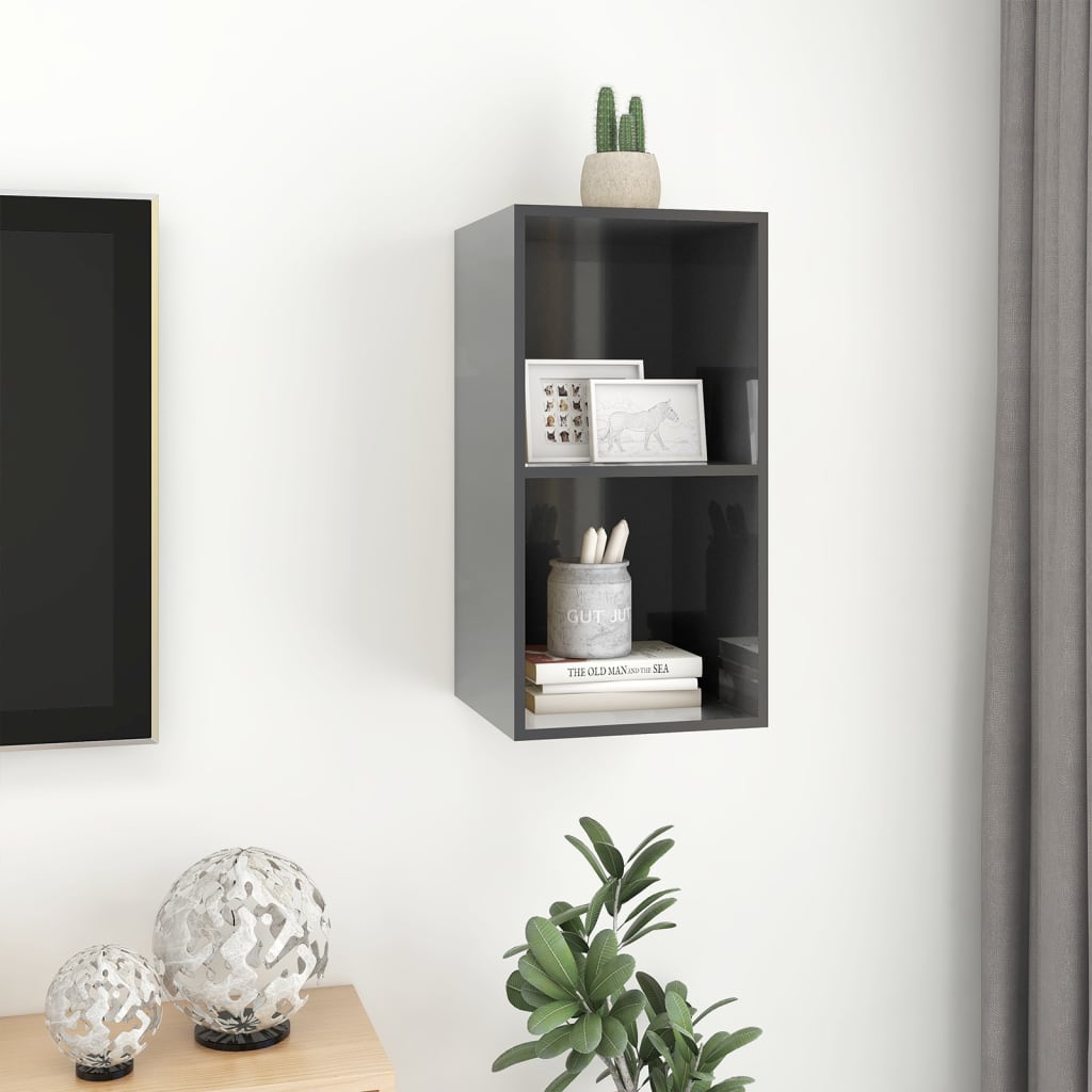 magasfényű szürke szerelt fa fali TV-szekrény 37 x 37 x 72 cm