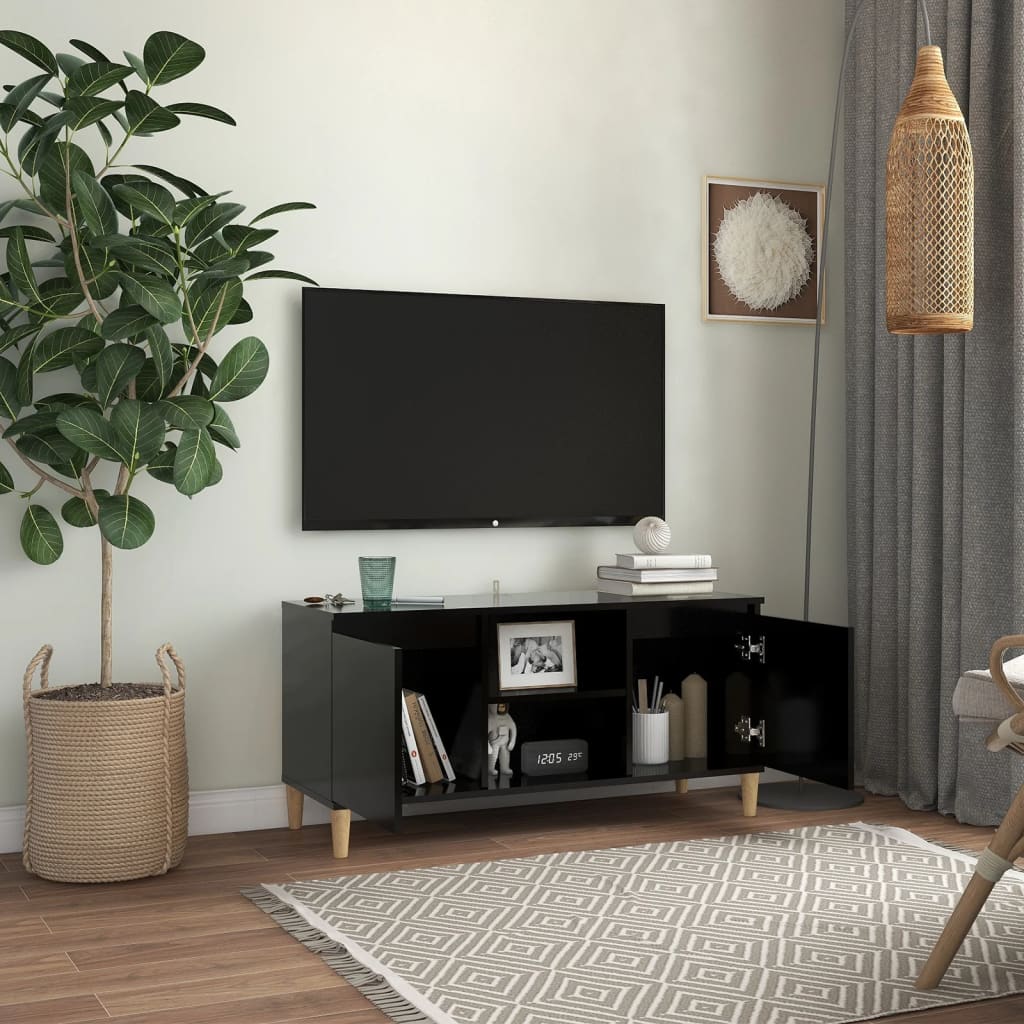fekete TV-szekrény tömör falábakkal 103,5 x 35 x 50 cm