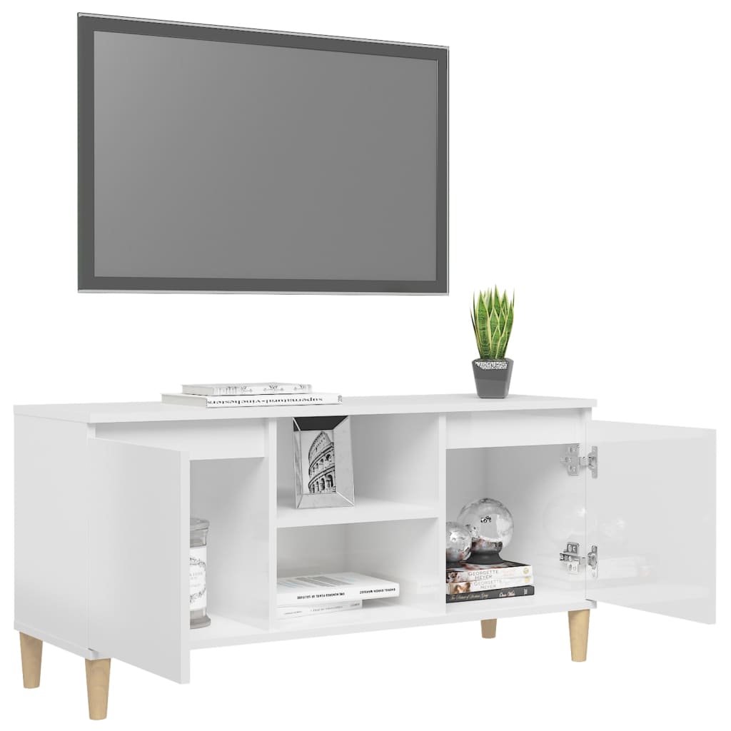 magasfényű fehér TV-szekrény tömör falábakkal 103,5x35x50 cm