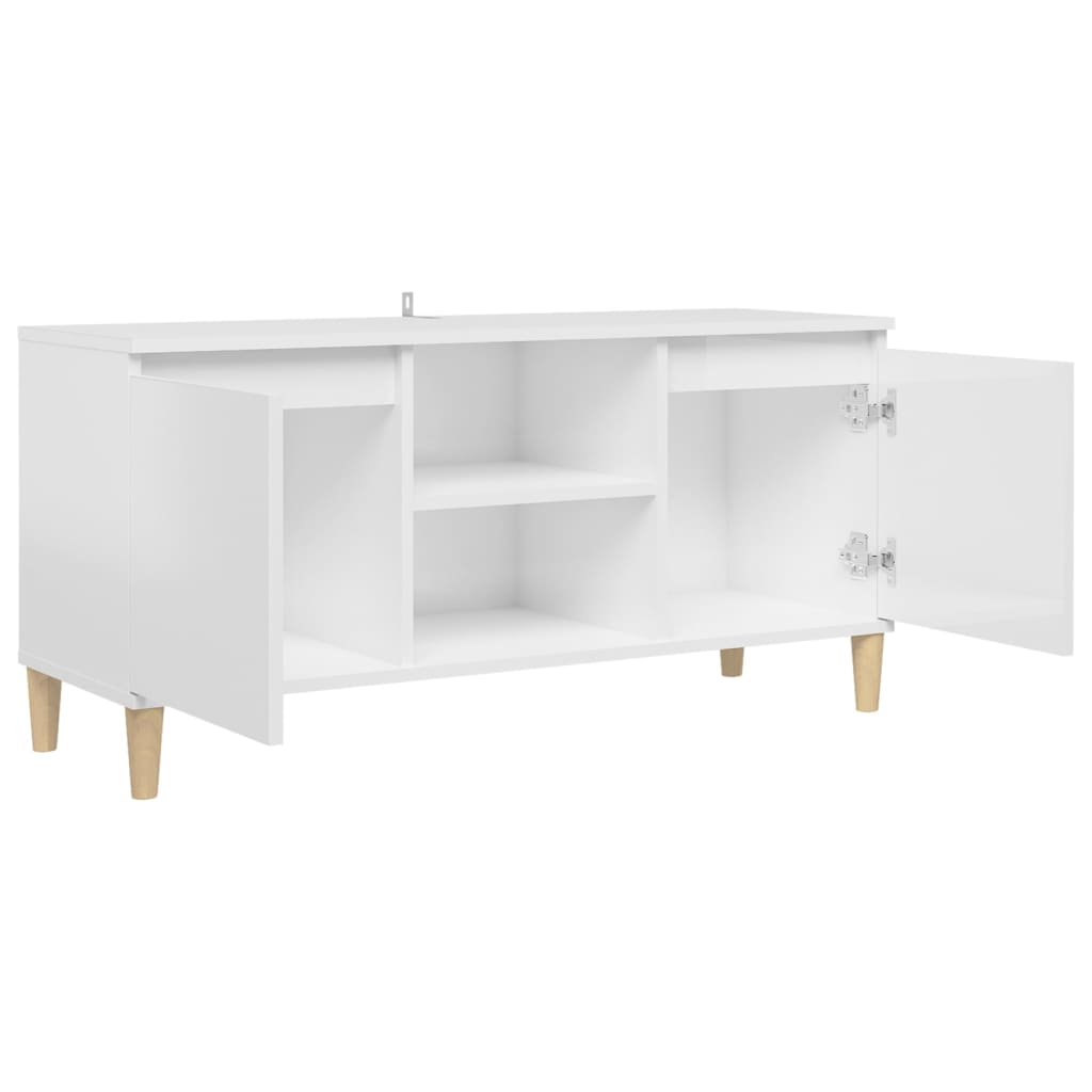 magasfényű fehér TV-szekrény tömör falábakkal 103,5x35x50 cm