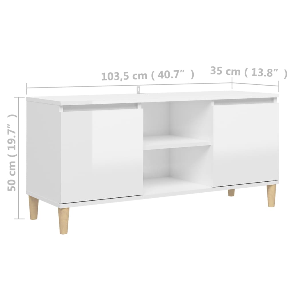 magasfényű fehér TV-szekrény tömör falábakkal 103,5x35x50 cm