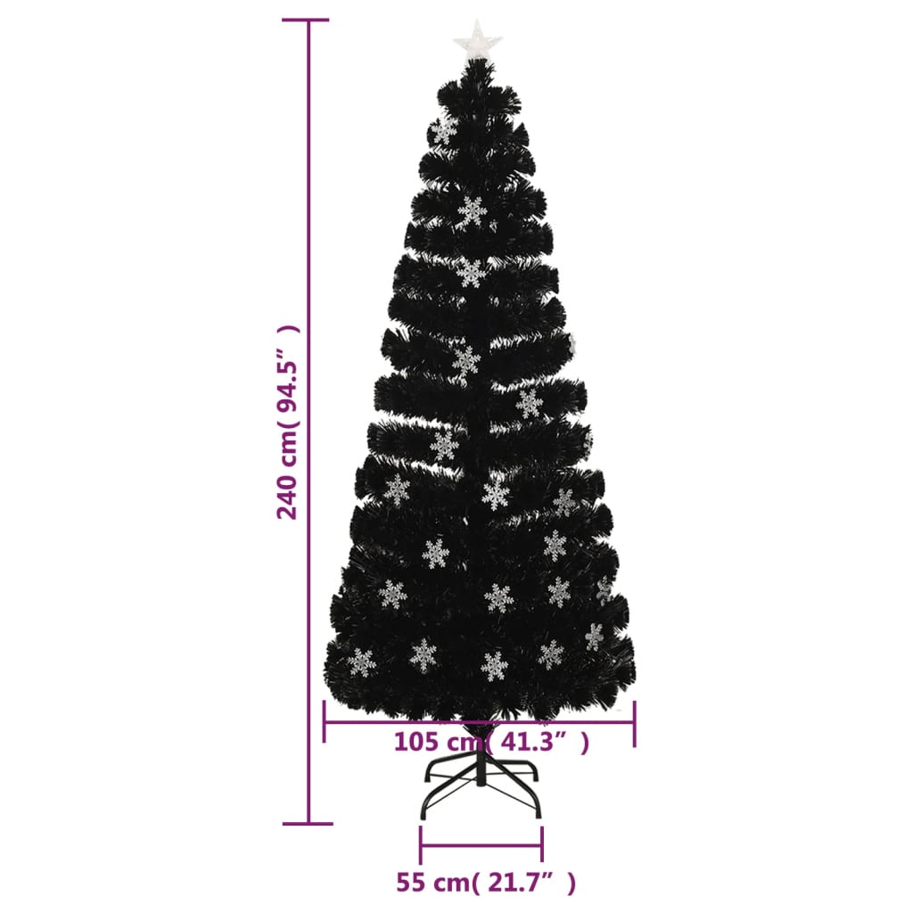fekete száloptikás karácsonyfa LED-es hópelyhekkel 240 cm