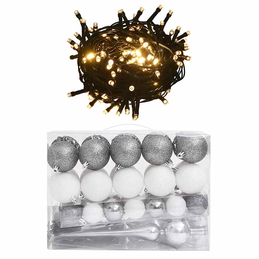 60 részes fehér-szürke karácsonyi gömbszett csúccsal + 150 LED