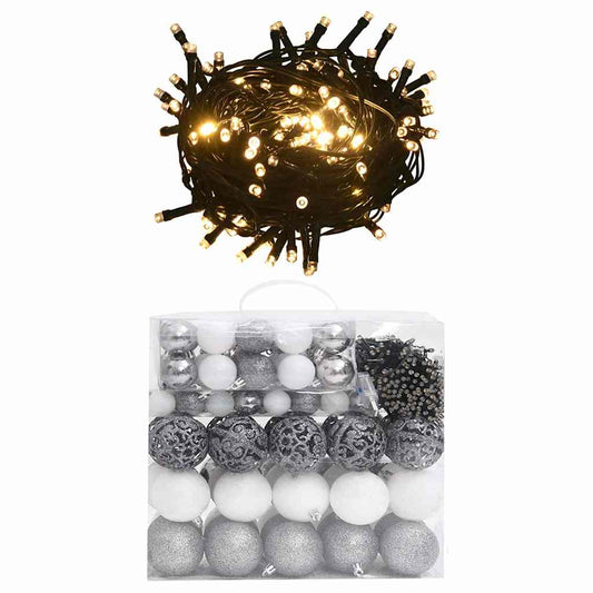 120 részes fehér-szürke karácsonyi gömbszett csúccsal + 300 LED
