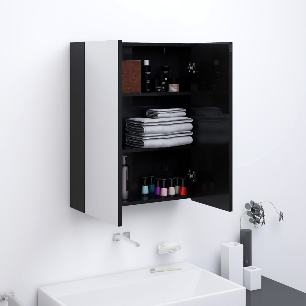 fényes fekete MDF tükrös fürdőszobaszekrény 60 x 15 x 75 cm