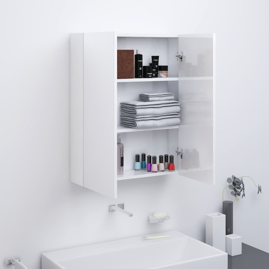 fényes fehér MDF tükrös fürdőszobaszekrény 60 x 15 x 75 cm
