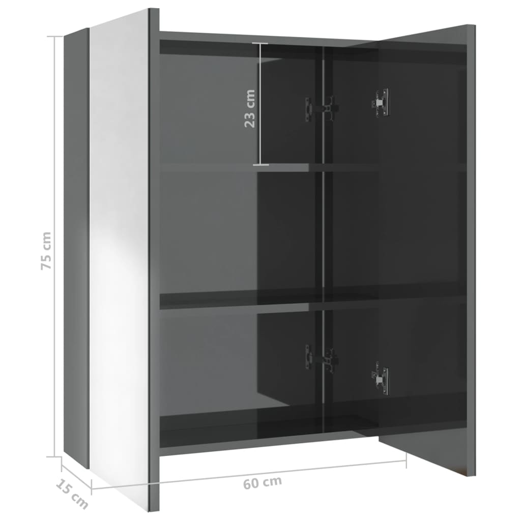 fényes szürke MDF tükrös fürdőszobaszekrény 60 x 15 x 75 cm