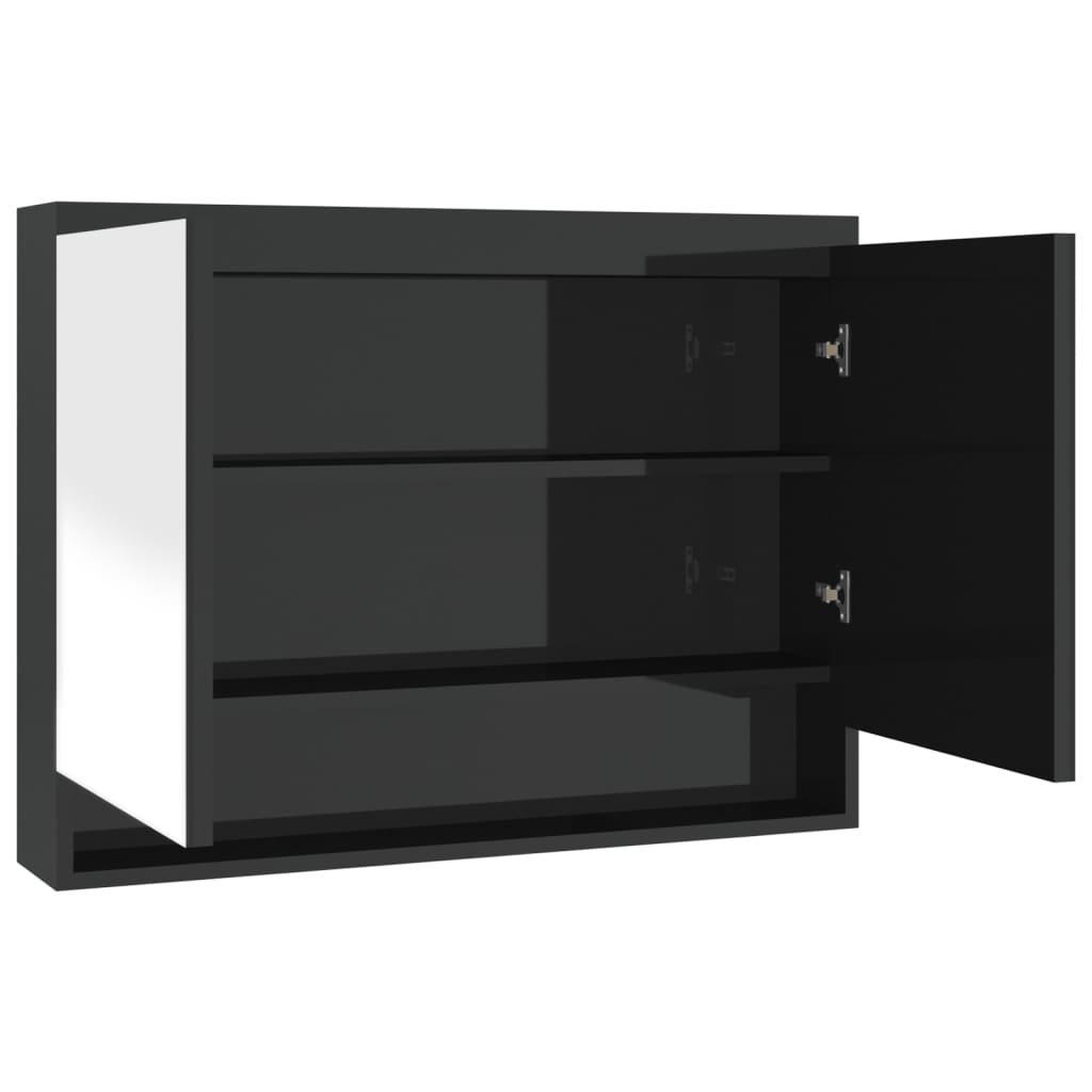 fényes fekete MDF tükrös fürdőszobaszekrény 80 x 15 x 60 cm