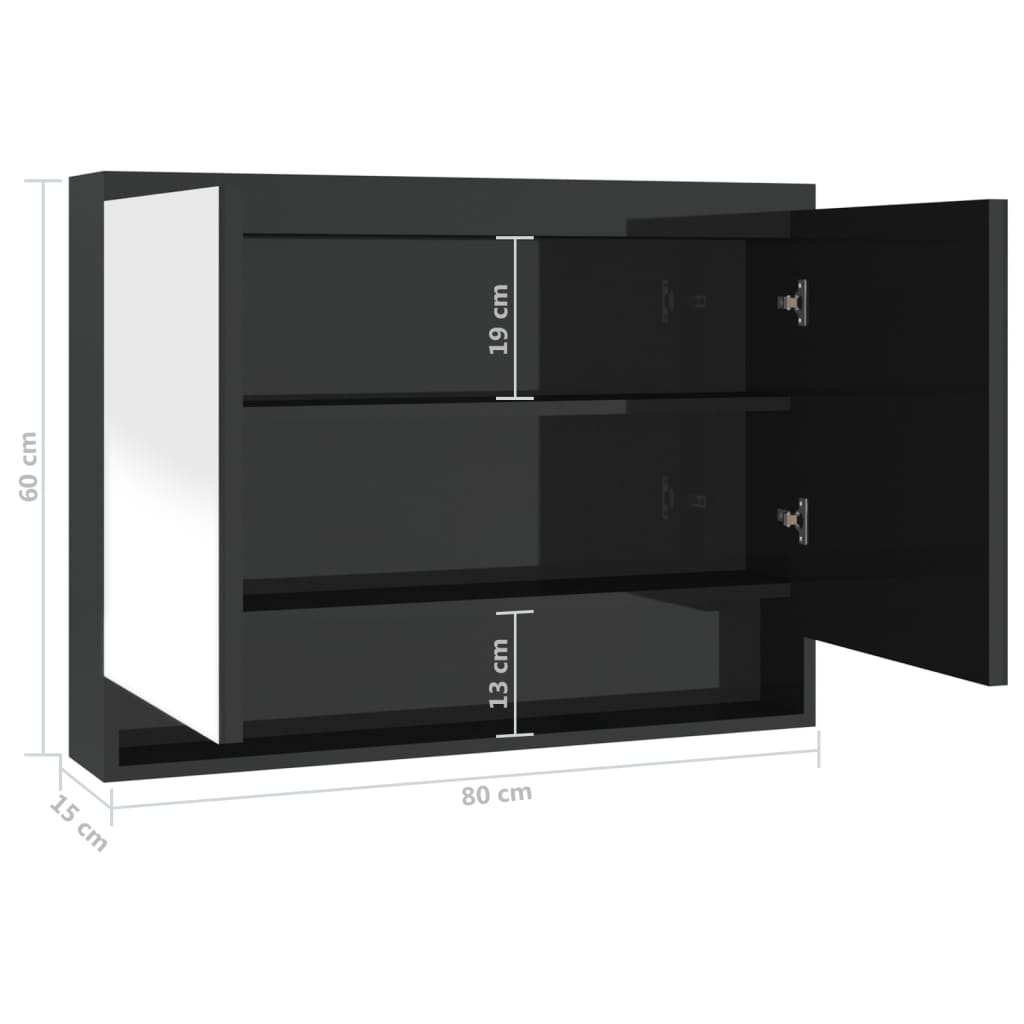 fényes fekete MDF tükrös fürdőszobaszekrény 80 x 15 x 60 cm