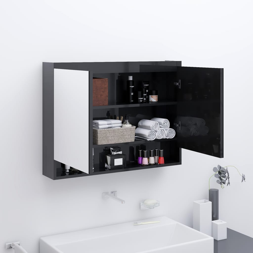 fényes fekete MDF tükrös fürdőszobaszekrény 80 x 15 x 60 cm