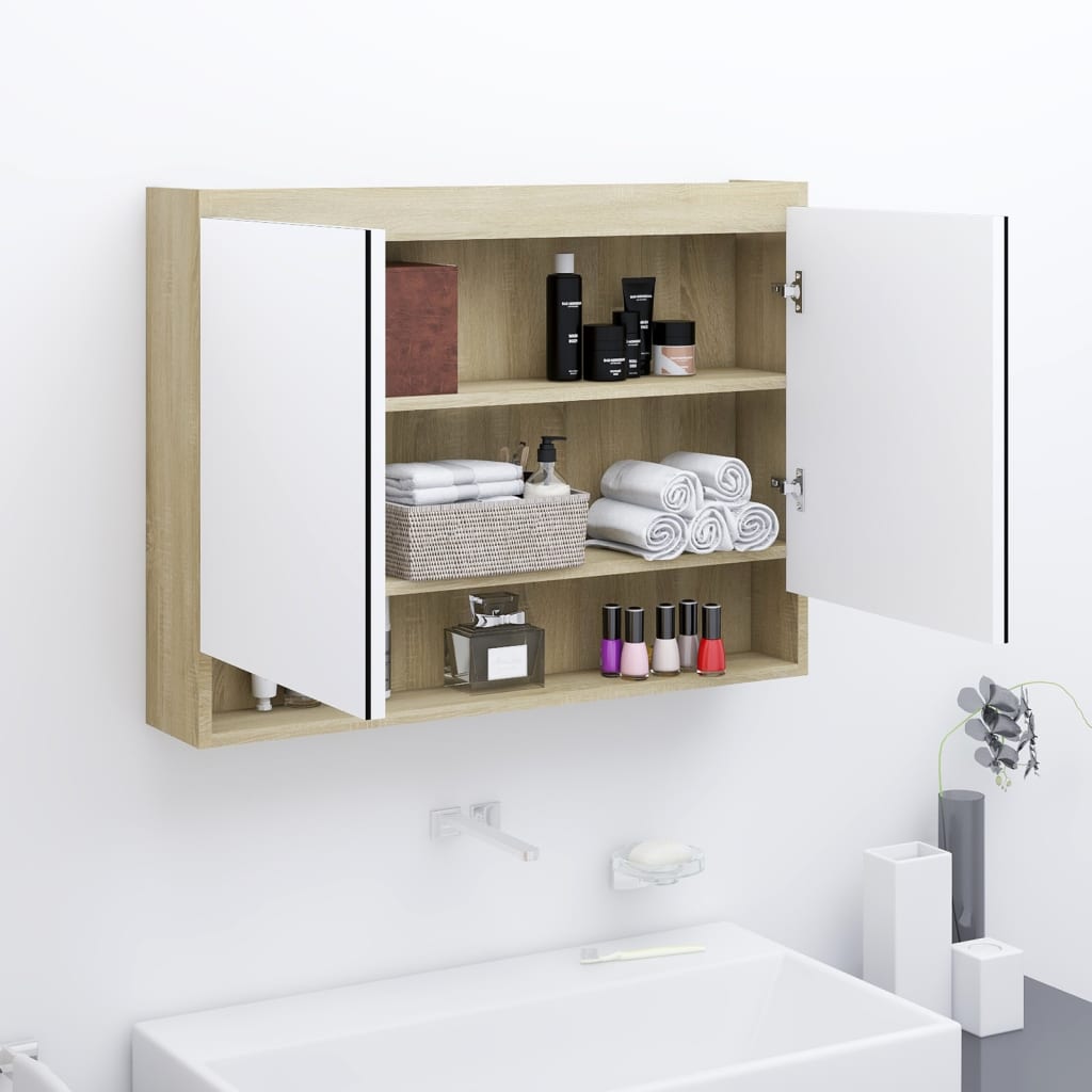 fényes és tölgy MDF tükrös fürdőszobaszekrény 80 x 15 x 60 cm