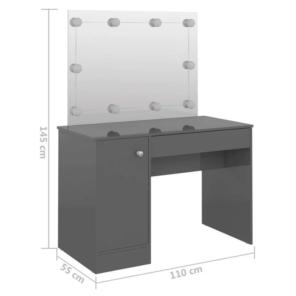 fényes szürke LED-es MDF sminkasztal 110 x 55 x 145 cm