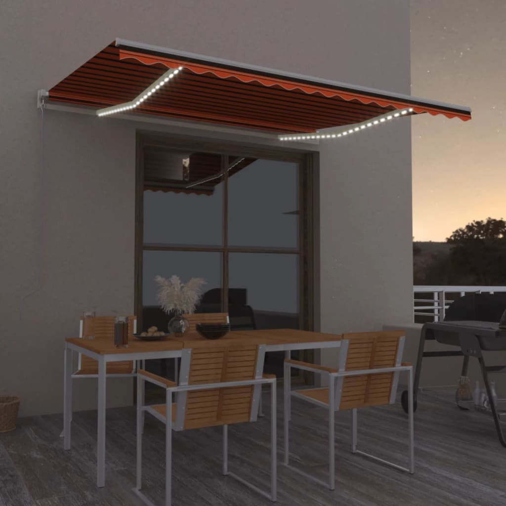 narancs és barna kézzel kihúzható LED-es napellenző 450x300 cm