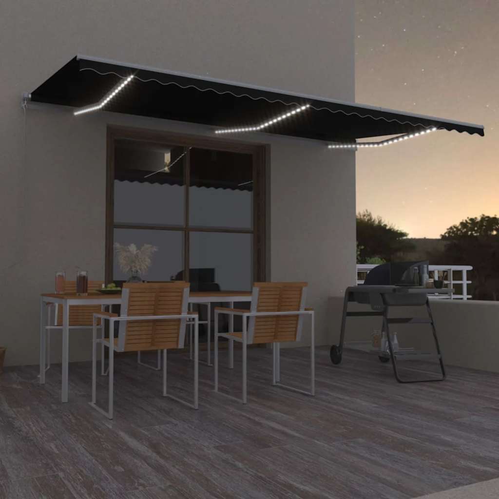 antracitszürke kézzel behúzható LED-es napellenző 600x300 cm