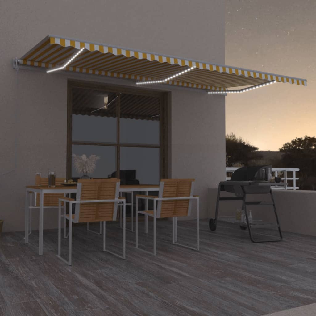 sárga-fehér szélérzékelős és LED-es napellenző 600x300 cm