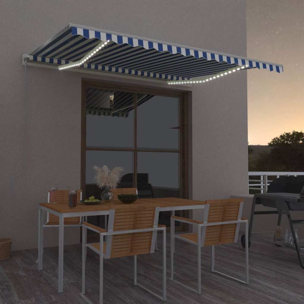kék/fehér automata szélérzékelős és LED-es napellenző 450x350cm