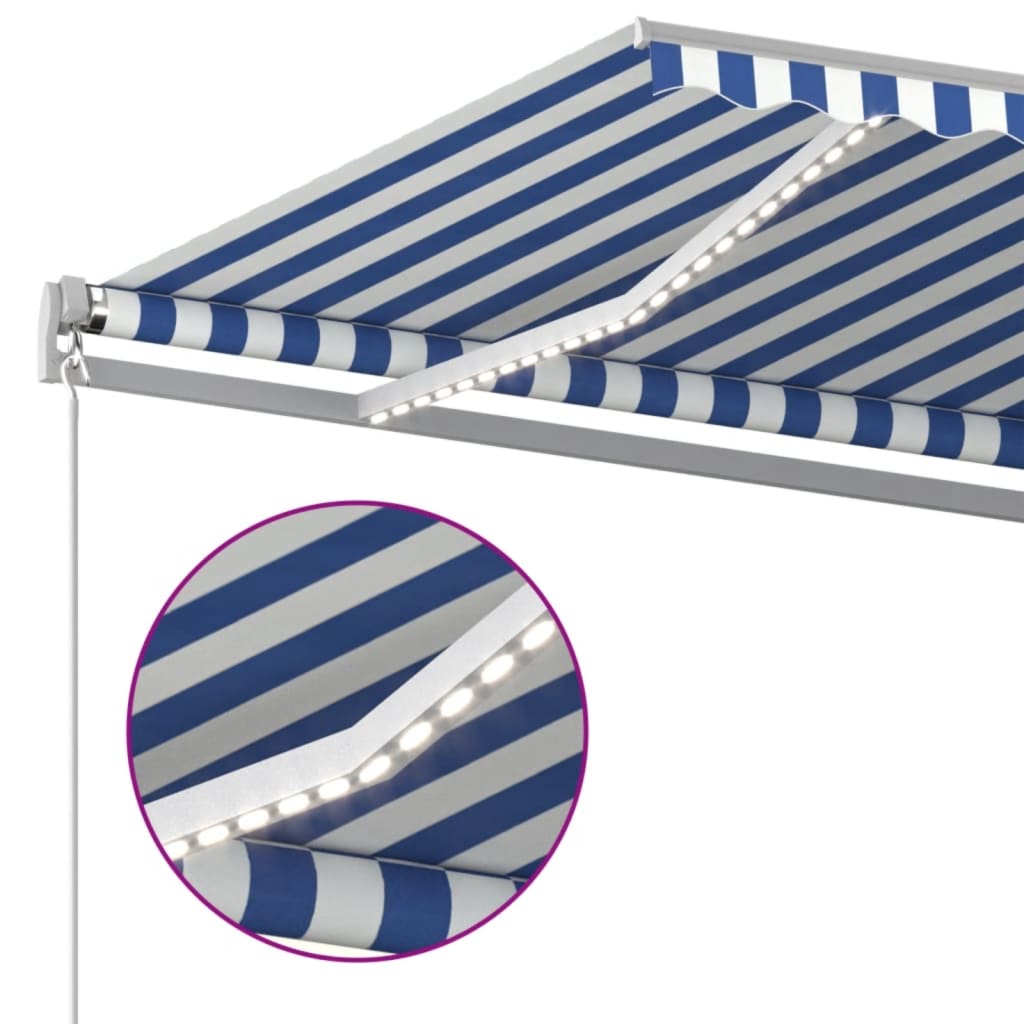 kék és fehér kézzel kihúzható LED-es napellenző 500 x 350 cm
