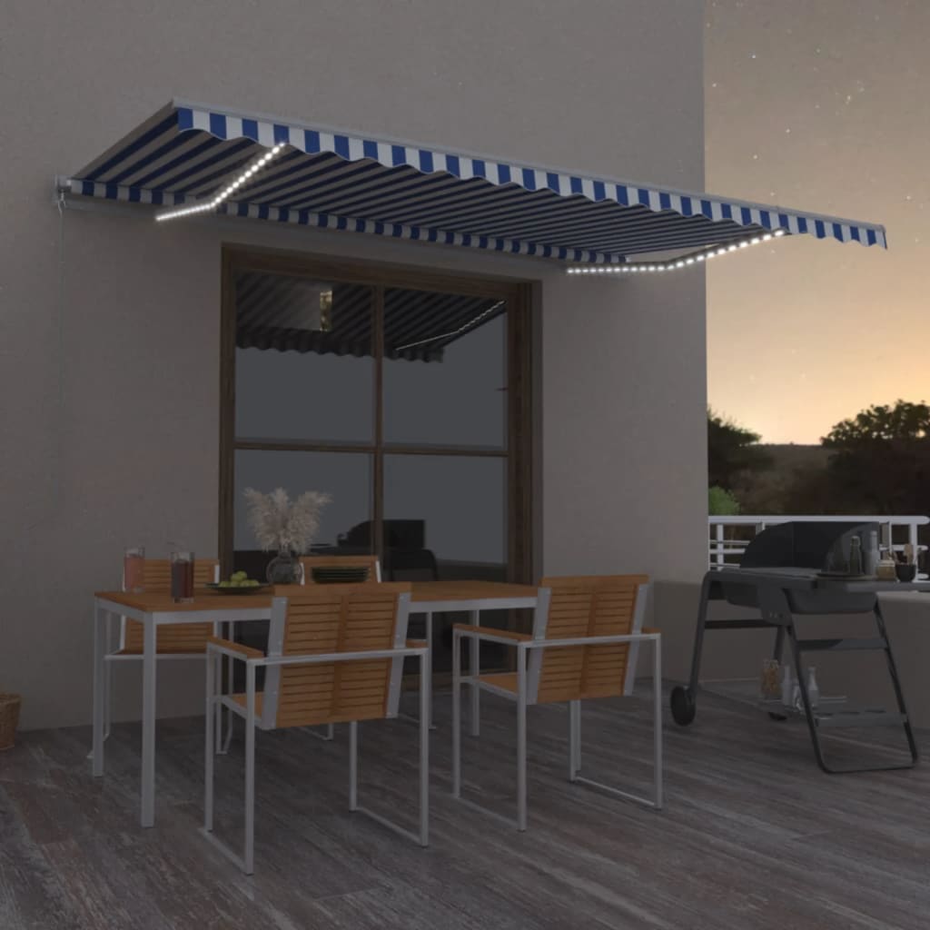 kék és fehér kézzel kihúzható LED-es napellenző 500 x 350 cm