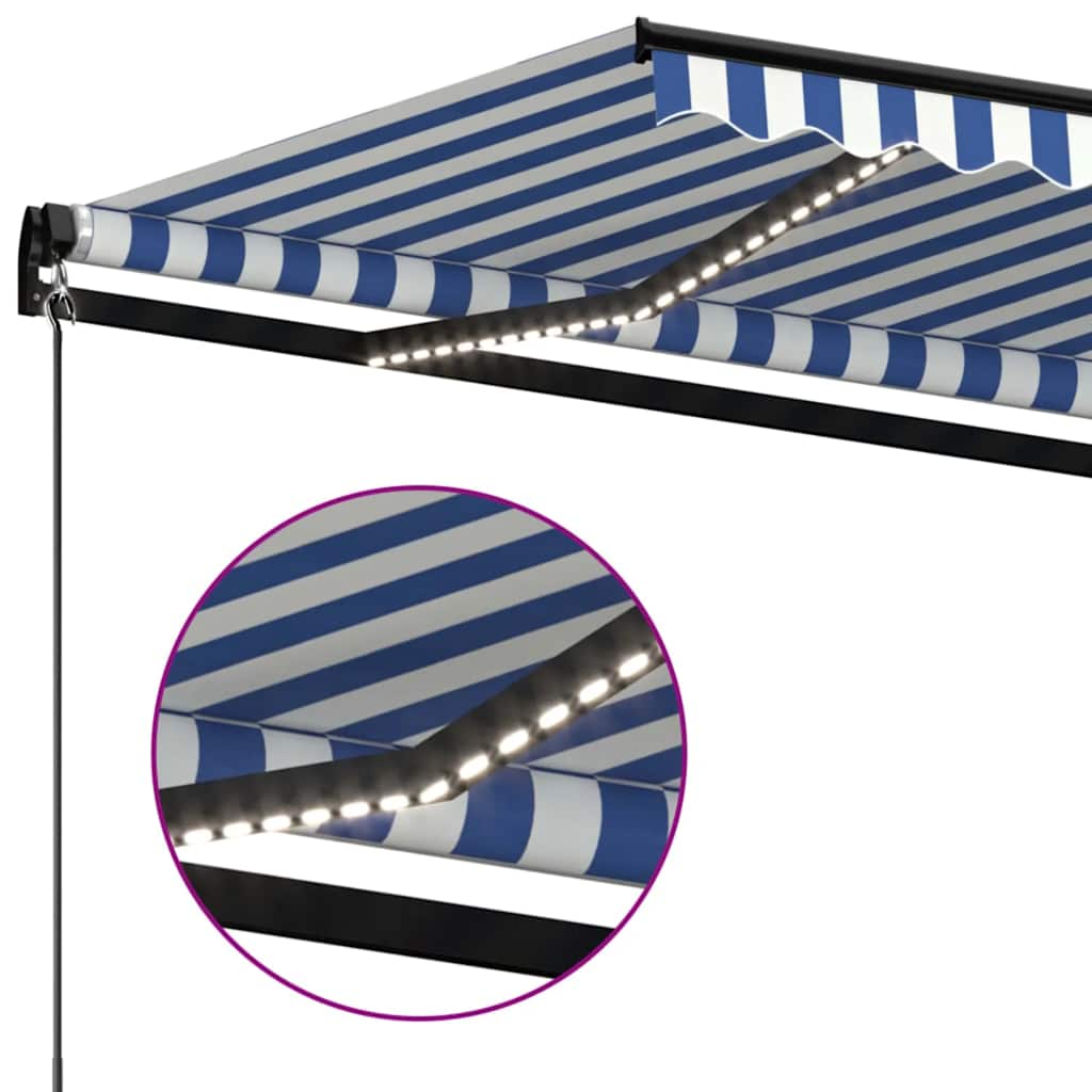 kék és fehér kézzel kihúzható LED-es napellenző 500 x 300 cm