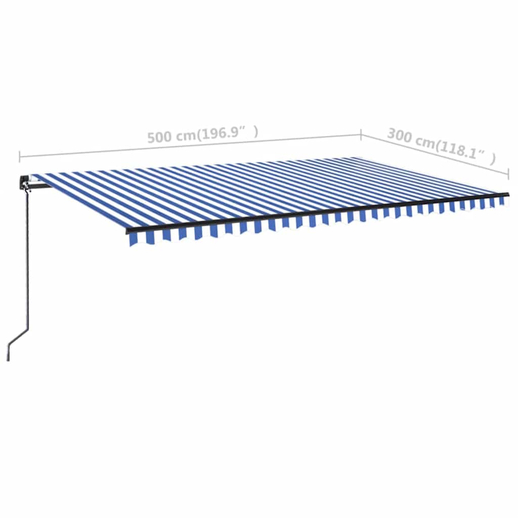 kék és fehér kézzel kihúzható LED-es napellenző 500 x 300 cm