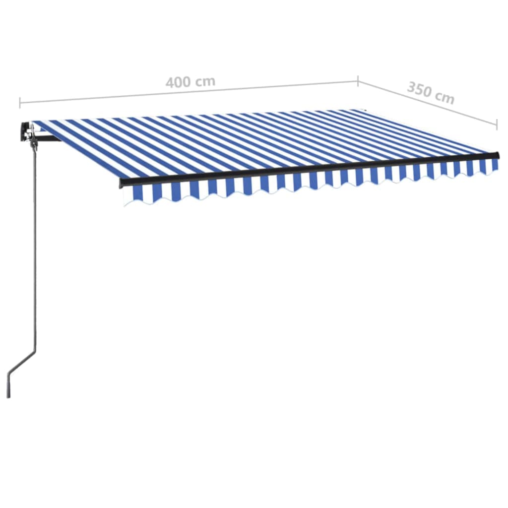 kék és fehér kézzel kihúzható LED-es napellenző 400 x 350 cm