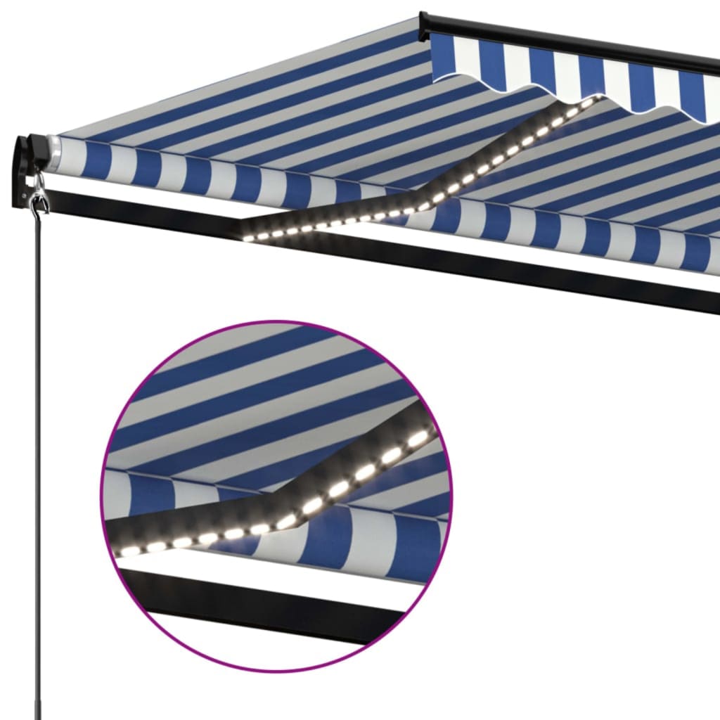 kék és fehér kézzel kihúzható LED-es napellenző 450 x 350 cm