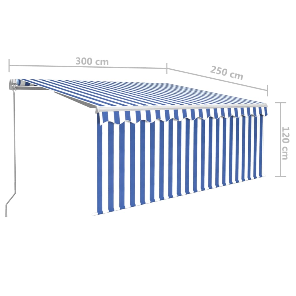 kék/fehér LED-es kézzel kihúzható napellenző redőnnyel 3x2,5 m